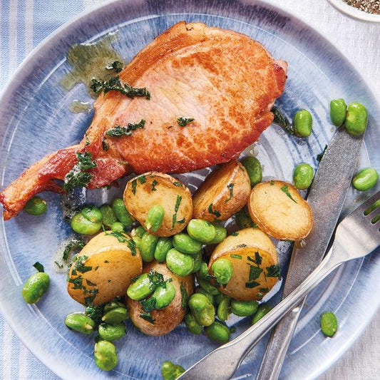 BACON CHOPS WITH BROAD BEANS & NEW POTATOES - DukesHill