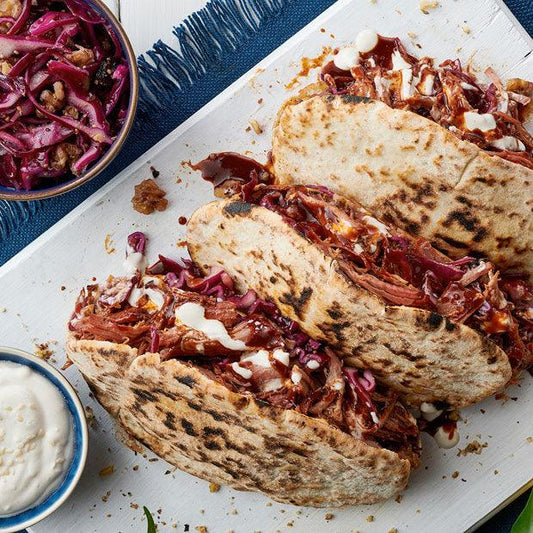 PULLED PORK PITTAS WITH RED CABBAGE SALAD & YOGHURT DRESSING - DukesHill