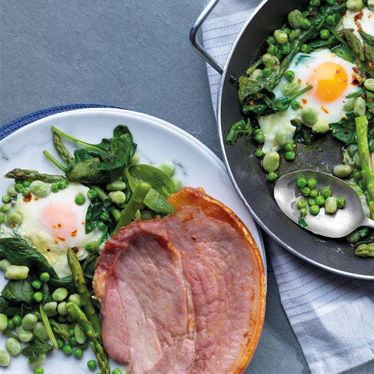 GAMMON STEAKS WITH ASPARAGUS, PEA & BEAN SHAKSHUKA - DukesHill