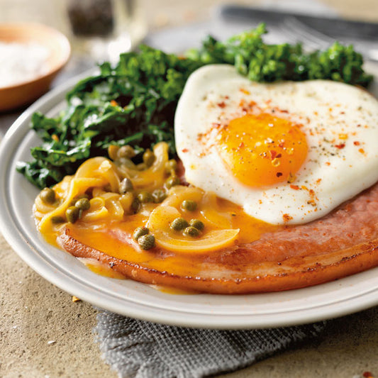 GAMMON STEAKS WITH CAPER GRAVY AND EGGS