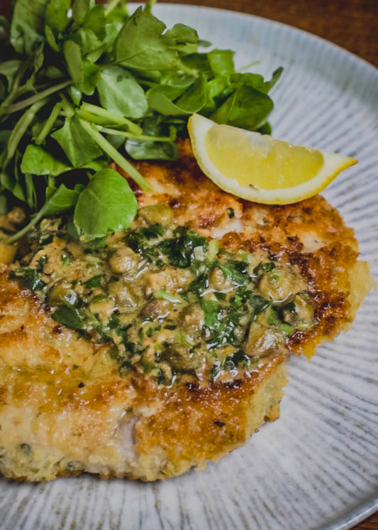 lemon and garlic pork schnitzels with lemon and caper sauce