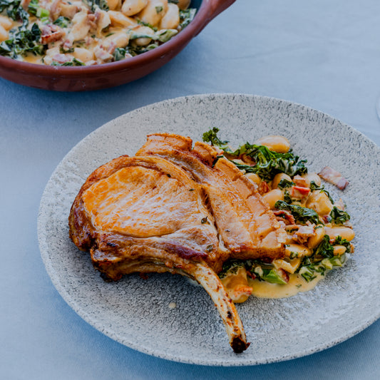  French Trimmed Pork Chops With Butter Beans, Kale and Bacon