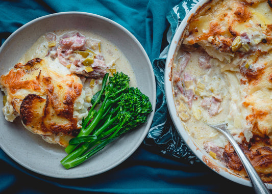 Ham, bacon and leek dauphinoise pie