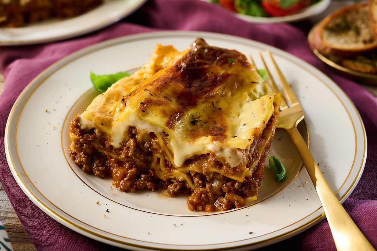 Beef lasagne on plate